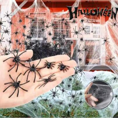 Halloween Elastic Spider Web With Spider Horror Haunted House Yard Scene Arrangement Halloween Party Faux Decorative Props Garden Decor Outdoor,Room Decor,Party Decorations Spider+Spider Web