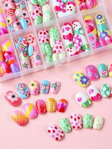 10 Grids 120Pcs Short Square Kids Nail Salon Fake Nails For Girls Cute Butterfly Flower False Nail Kawaii Cartoon Full Cover Manicure Nail Tips Chlidren Christmas Birthday Gift - Multicolor - View 6