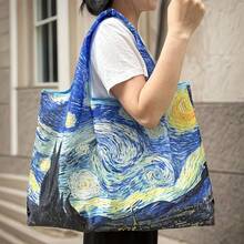 Women's Foldable Tote Bag, Large Capacity Shopping Bag, Oil Painting Style Bag, Washable Shopping Bag, Starry Night And Iris Pattern, Suitable For Commuting, Travel, Business Trip, Shopping, Back To School, Women's Gift, Holiday Gift, Birthday Gift - A - View 3