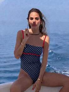 Polovedo Spring/Summer New Casual Sexy Elegant Women's Blue & White Star Print One-Piece Swimsuit, Suitable For Beach Vacation, Party, Dating - Multicolor - View 6