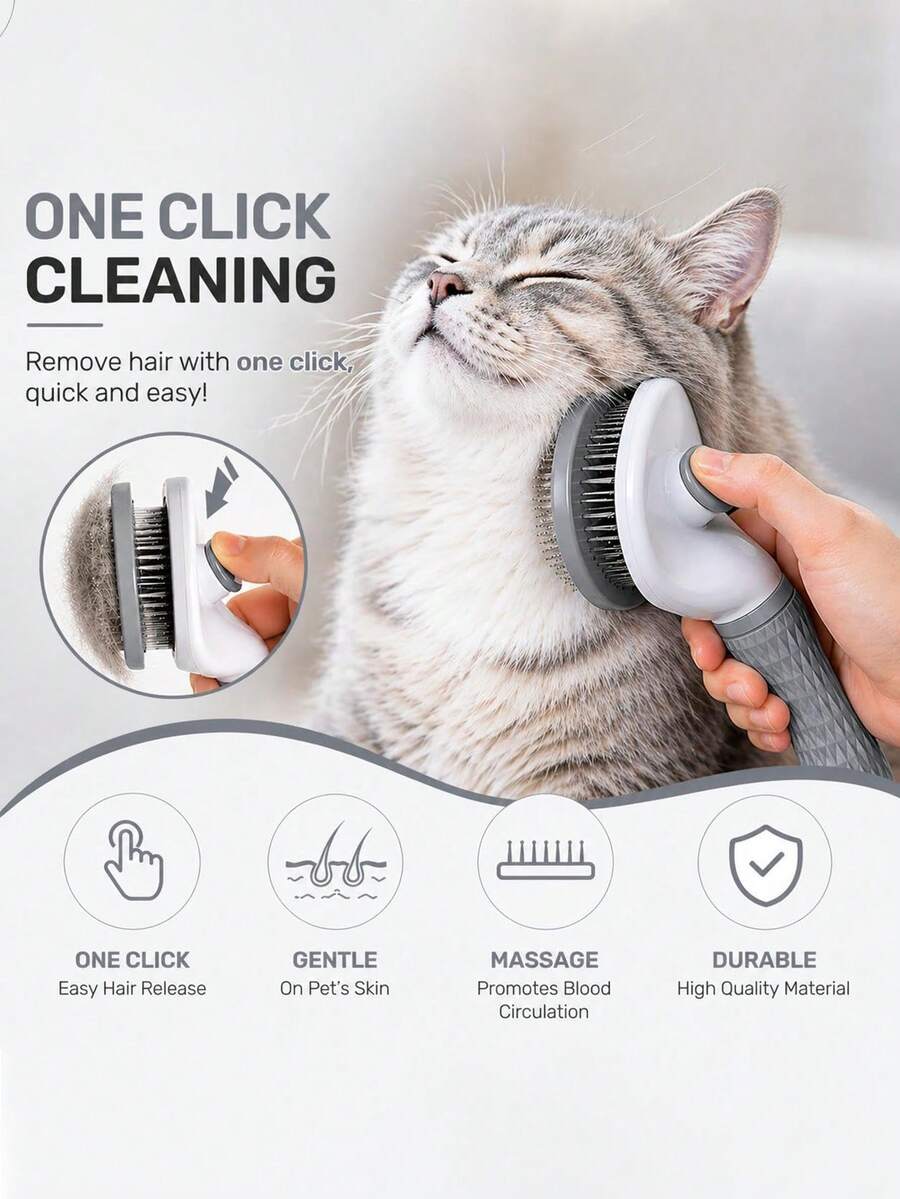 Pet Self-Cleaning Slicker Brush, One-Click Hair Removal Comb, Stainless Steel Ball-Tip Grooming Brush, Non-Slip Handle, Dog And Cat Deshedding Tool