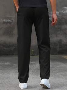 Men's Tiny Label Straight Leg Pants, Drawstring Elastic Waist Casual Outdoor Sports Lightweight Long Pants Black - Black - View 3