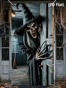 1pc Halloween Door Cover, Witch Pattern Bedroom Door Decor, Halloween Backdrop, Halloween Party Supplies, Halloween Hanging Banner, Scary Halloween Photography Props, Haunted House Decor, Trick Or Treat Decor, Halloween Gifts, Party Gifts, Photo Studio Props, Halloween Home Decor, Room Decor, Outdoor Garden Supplies, Yard Decor, Christmas Decor, 2027 New Year Party Decor, New Year Gifts, Winter Decor - Skeleton Witch - View 7