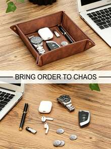 1pc Foldable Leather Desktop Storage Tray - PU Jewelry Box And Key, Remote Control, Ring, Earring Organizer | Fashionable Storage Box For Small Items, Accessories And Home Decor - Multicolor - View 7