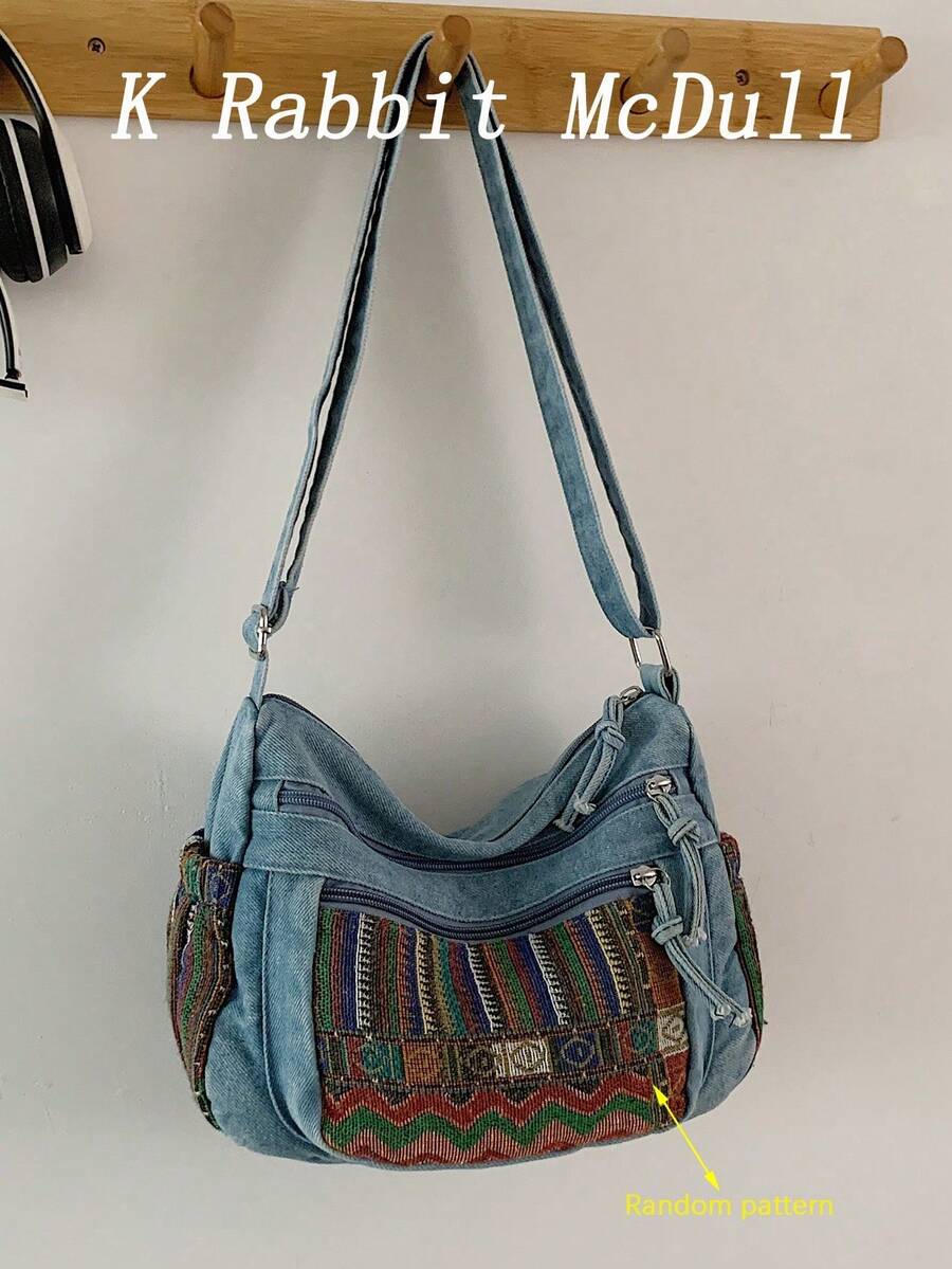 New Casual Chic Multi-Layered Soft Denim Shoulder Bag With Multiple Pockets, Versatile, Suitable For Work, Shopping And Travel. - Camel - View 1