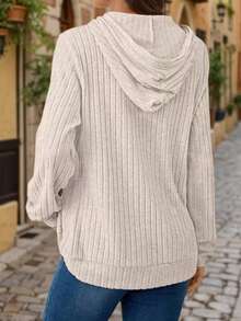 Women's Knitted Long Sleeve Crew Neck Hoodie With Pockets, Regular Length Casual Pullover Sweatshirt - Apricot - View 5