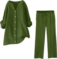 onjunto de verano de 2 piezas para mujer, tallas grandes, conjuntos de lino de algodón, cuello en V, blusa abotonada, camisetas de gran tamaño, camisetas de manga larga y pantalones casuales - Amarillo-02 - Ver 8