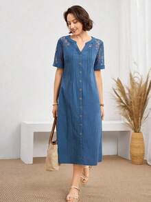 yonghongmaoyi1  Vestido casual de mujer de longitud media con cuello en V y parches de encaje, vestidos de verano para mujer, último estilo d - Azul marino - Ver 5