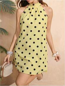 - Vestido corto sin mangas con estampado floral para mujer, cuello halter, línea A - rosado y anaranjado - Ver 5