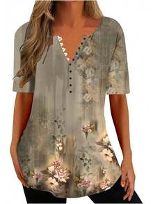 Ceboyel - Camisas Henley con estampado floral para mujer, cuello en V, sexy, casual, de manga corta, blusas elegantes para mujer - Rosa #5 - Ver 13