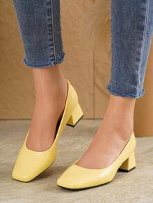 2026 New Yellow Square Toe Chunky Heel 4.5cm Low Vamp Pumps Women's New Minimalist Commuter Mid-Heel Shoes Daily Versatile Low-Top Elegant Formal High Heels - Yellow - View 4