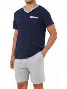 Tefola Pijama para Hombre Conjunto de Pijama de Algodon Pijama Manga Corta y Pantalones Cortos, Cuello en V Ropa de Dormir Hombre, Pijamas de Dos Piezas, Casual y Cómoda - Azul marino - Ver 1