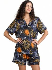 YiNi LuLu - Conjunto de pijama de satén de seda para mujer, 2 piezas, pijama de manga corta, de gran tamaño, con bolsillos - Amarillo (Crisantemo amarillo) - Ver 20
