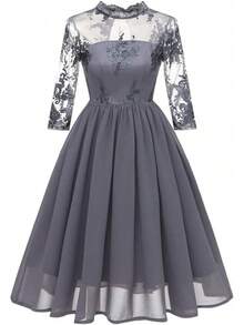 YLDCN Falda Cruzada Vestido Floral De Gasa De Encaje De Malla Bordada para Mujer - Gris - Ver 6
