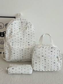 3-Piece Set Of Nylon Backpacks With Bow And Heart Print, Foldable Backpack With Multiple Large Capacity Pockets And Zipper, Suitable For Teenagers And Students - White 2 - View 1