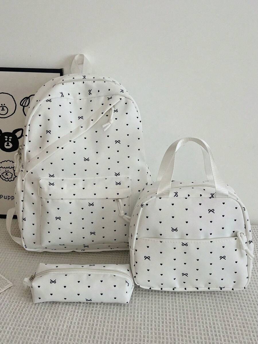 3-Piece Set Of Nylon Backpacks With Bow And Heart Print, Foldable Backpack With Multiple Large Capacity Pockets And Zipper, Suitable For Teenagers And Students - White 2 - View 1