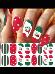 16Tips/Sheet Football Match Fans Nail Art Stickers Mexico Green White Red Heart Soccer Pattern Nail Wraps Full Cover Self-Adhesive Waterproof Sports Fans Slider - 彩色 - 查看 12