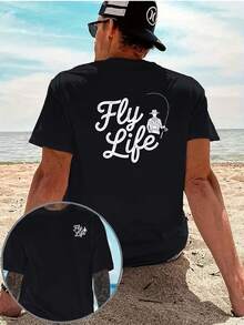 Camiseta Casual para Hombre Fly Life Fly Fishing con Estampado de Letras Estilo Vintage, con un diseño creativo, estampado a doble cara en la parte delantera y trasera, cómoda y transpirable - Negro - Ver 1