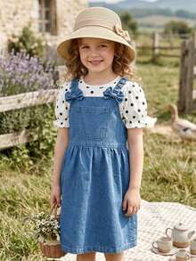 2pcs/Set Girls Toddler Casual Comfortable Cute Breathable Skin-Friendly French Style Puff Sleeve Round Neck Polka Dot T-Shirt With Bow Pleated Shoulder Strap Vintage Denim Overall Dress Outfit - Multicolor - View 3