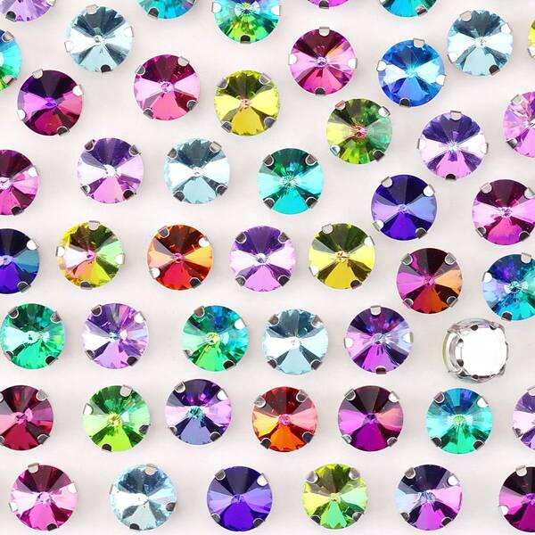 Round 8mm/10mm Rainbow Glass Rhinestones With Silver Claws, Colorful Hand-Sewn Crystals, DIY Accessories For Clothing, Shoes, Hats And Bags