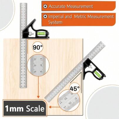 1 Set Base et Équerre Combinée, avec Niveau Coulissant, Convient pour Marquer les Angles de 90° et 45°; Outil de Mesure à Niveau Coulissant