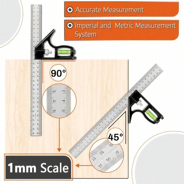 1 Set Base And Combination Square, With Sliding Level, Suitable For Marking 90° And 45° Angles; Sliding Level Measuring Tool
