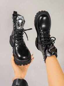 Sepatu Bot Wanita Motif Tengkorak Gaya Gelap, Sol Tebal, Sepatu Bot Motor Punk Bertali Keling untuk Menambah Tinggi Badan, Setengah Betis - Hitam - View 1