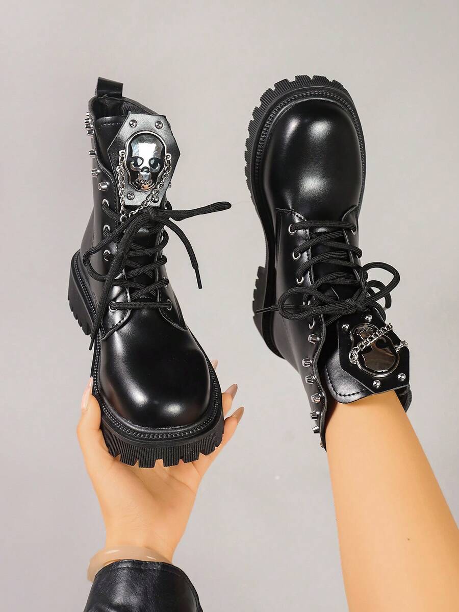 Sepatu Bot Wanita Motif Tengkorak Gaya Gelap, Sol Tebal, Sepatu Bot Motor Punk Bertali Keling untuk Menambah Tinggi Badan, Setengah Betis - Hitam - View 1