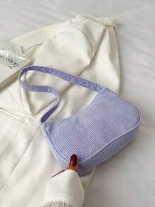 Minimalist Light Gray Corduroy Hobo Underarm Bag, Single Handle Handbag For Women, Soft Accessory For Casual And Office Look - Purple - View 1