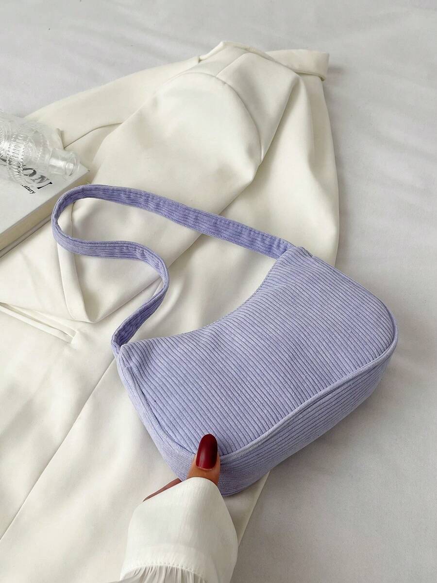 Minimalist Light Gray Corduroy Hobo Underarm Bag, Single Handle Handbag For Women, Soft Accessory For Casual And Office Look - Purple - View 1