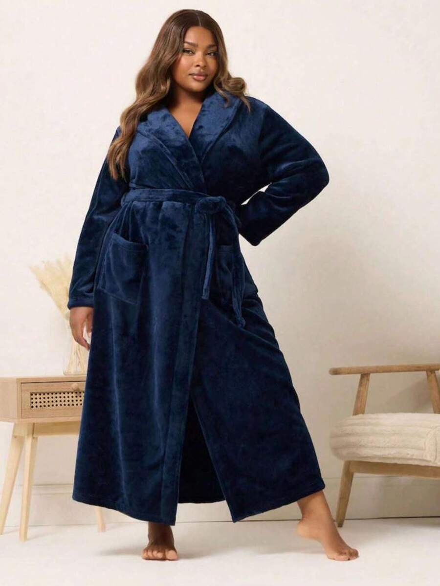 1 pieza Bata de baño de franela gruesa de moda para mujer, con bolsillos, lazo, cuello doblado, suave y cómoda, para relajación corporal, adecuada para ropa de dormir y lencería de mujer de talla grande