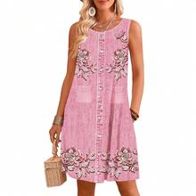 Vestido de verano con degradado de color y estampado de plantas, estilo vintage, sin mangas, corte , holgado y estilizador. - Rojo - Ver 3
