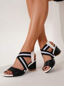 Ladies' Peep-Toe Cross Elastic Band Chunky Heeled Sandals, Casual Black & White Pu Upper Platform Heels,Spring Summer Outfits - Black and White - View 10