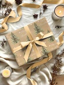 1 Roll Of Christmas Gift Wrapping Paper Featuring A Christmas Tree And Snowflake Pattern; Made Of Kraft Paper; Dimensions: 43 Cm X 300 Cm (17 Inches X 9.84 Feet); Suitable For Christmas Gift-Giving, Christmas Party Decorations, And Gift Wrapping. - A - View 8