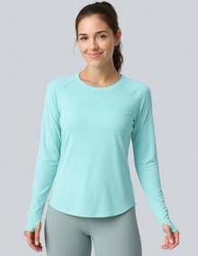 Paquete de 4 camisetas de manga larga para mujer con agujeros para el pulgar, camisetas de entrenamiento atléticas de ajuste seco con cuello redondo - Azul marino/blanco/negro/café oscuro - Ver 2