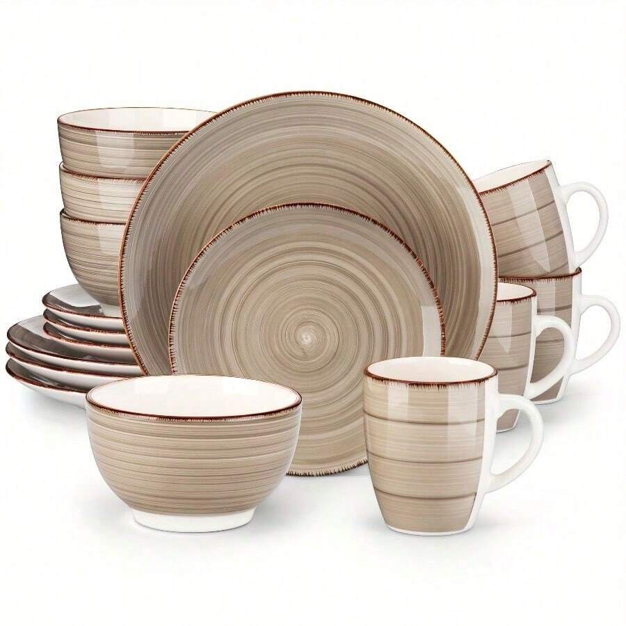 Set Of 16 Handcrafted Stoneware Plates For Dining, Serves Four - Chocolate - View 1