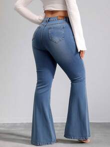 Floor-Length, High-Waisted Flare Trousers With One-Sided Rips At The Knees, High Elasticity, Fitted, Available In Multiple Shades, Retro Flowy Drape - Blue - View 5