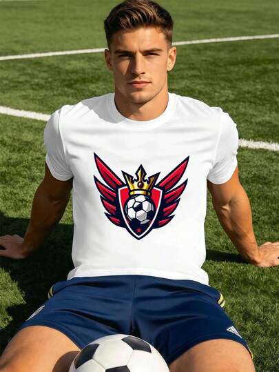 Men's graphic T-shirt with crown and wings print, ideal for spring, made of quality fabric, crew neck, comfortable and casual fit.