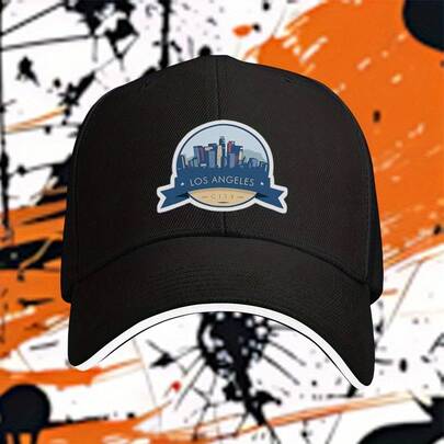 Los Angeles 2 Sandwich Baseball Cap - Adjustable Trucker Hat With Cityscape Design, Black Polyester Hat Outdoor Sports, Travel & Casual Wear, Adjustable Baseball Cap| Urban Style Cap| Durable Headgear