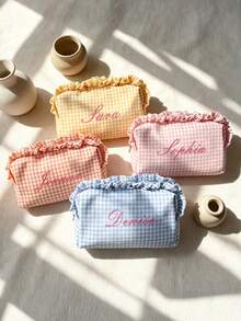 Personalized Embroidered Plaid Makeup Bag, Customized Name Ruffle Edge Cosmetic Bag, Bridesmaid Gift, Travel Organizer Bag, Gift For Her - Multicolor - View 2