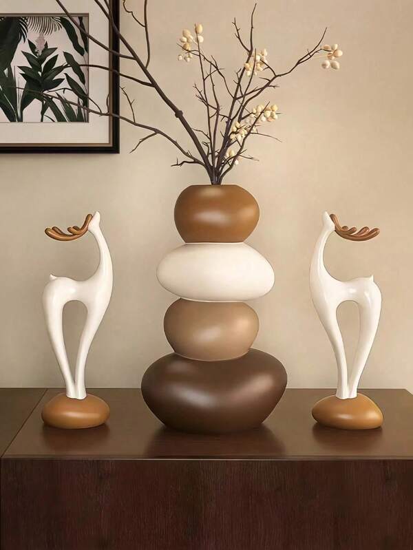 1pc Vase & 1 Pair Deer Resin Sculpture Set, Geometric Vase Themed Decor, Vase Cannot Hold Water