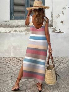 Women's Bohemian Style Striped Midi Dress, Sleeveless, Round Neck, For Beach Vacation, Fashion, Slim Fit - Pale Yellow - View 3