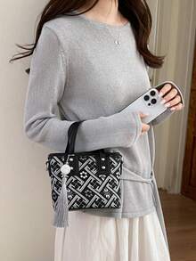 Bolso cubo mini de cuero sintético de unicolor, bolso de mano versátil y casual & bolso bandolera - Negro - Ver 2