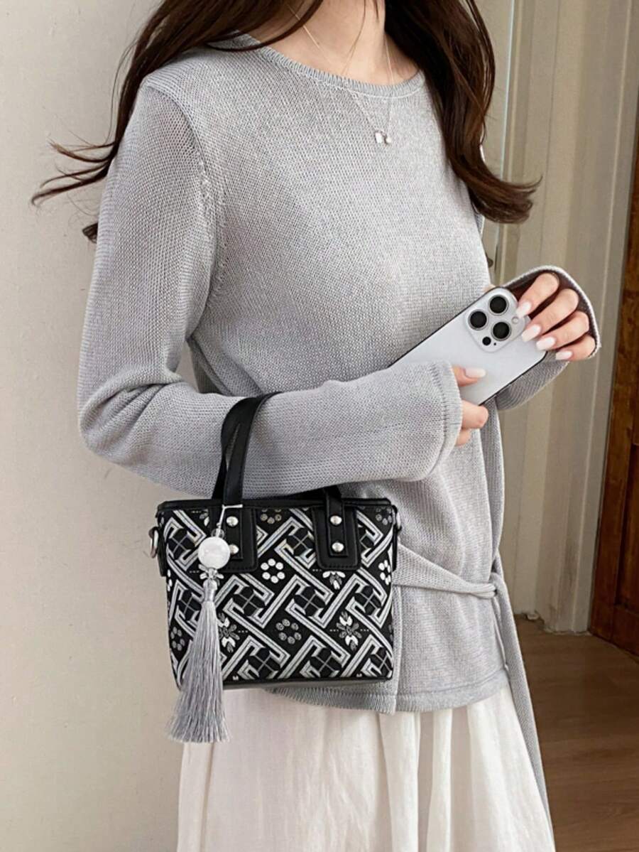 Bolso cubo mini de cuero sintético de unicolor, bolso de mano versátil y casual & bolso bandolera