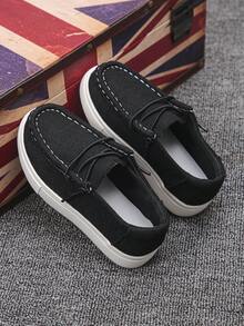 1 Par de Sapatos Náuticos Slip-On Unissex para Crianças, Uso Campus em Todas as Estações, Cor Sólida, Lona Respirável, Cadarço Elástico Sem Amarração, Sola Macia Antiderrapante, Tênis Esportivo Casual Leve e Plano para Escola - Preto - Visão 2