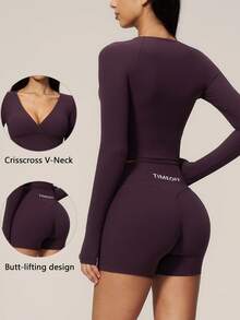 TimeOff Women's One Set Solid Color Criss-Cross Deep V-Neck Cropped Waist Long Sleeve Slim Fit Shorts Sports Set - Purple - View 10