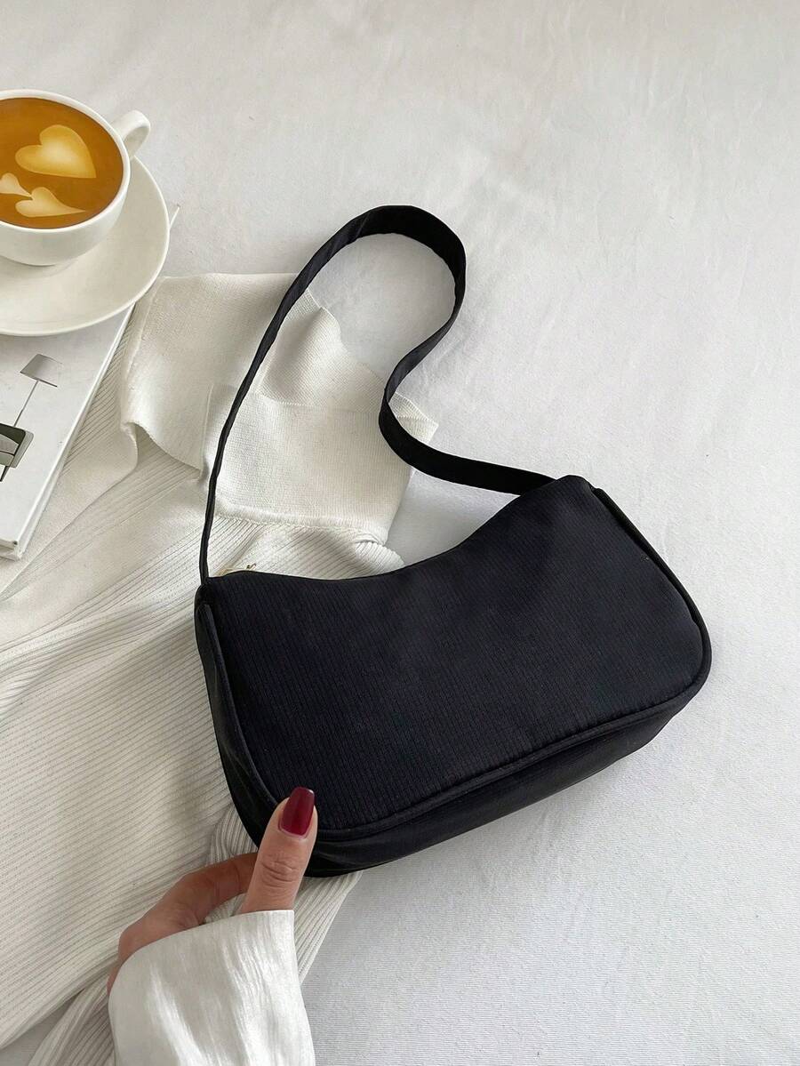 Minimalist Light Gray Corduroy Hobo Underarm Bag, Single Handle Handbag For Women, Soft Accessory For Casual And Office Look - Bright - View 1
