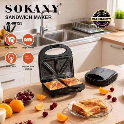 Appareil à sandwich SOKANY 08123, 750W haute puissance, chauffage double face, scellage automatique en une touche, plaque de cuisson anti-adhésive, facile à nettoyer, convient pour faire des sandwichs, des gaufres, des crêpes et plus encore