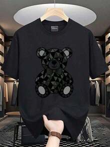 Almacen local,playeras de hombre,camisas para hombre,ropa de hombre,playeras de Polyester para hombre,playera hombre,Oso geométrico camiseta 180g negra y blanca Polyester,estampado moderno o - Negro - Ver 1