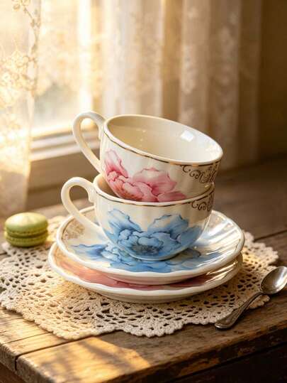 1 Peça Conjunto de Xícara e Pires de Café Concentrado Estilo Francês Campestre com Borda Dourada e Floral, 80ml, Mini Xícara de Café, Mini Xícara de Chá Estilo Francês Campestre, Adequado para Brunch, Decoração de Café em Casa, Presente